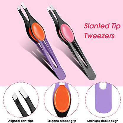 Chumia 5-Piece Non-Slip Grip Tweezers Set – Slanted Tip Stainless Steel Tweezer with Colorful Rubber Grip for Ingrown Hair, Eyebrow Shaping, Splinter & Blackhead Removal
