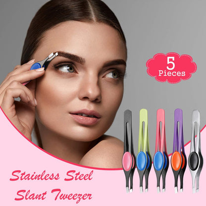 Chumia 5-Piece Non-Slip Grip Tweezers Set – Slanted Tip Stainless Steel Tweezer with Colorful Rubber Grip for Ingrown Hair, Eyebrow Shaping, Splinter & Blackhead Removal