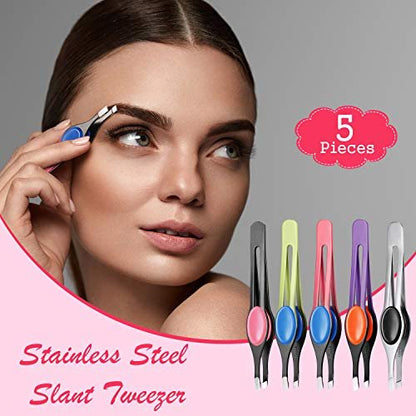 Chumia 5-Piece Non-Slip Grip Tweezers Set – Slanted Tip Stainless Steel Tweezer with Colorful Rubber Grip for Ingrown Hair, Eyebrow Shaping, Splinter & Blackhead Removal