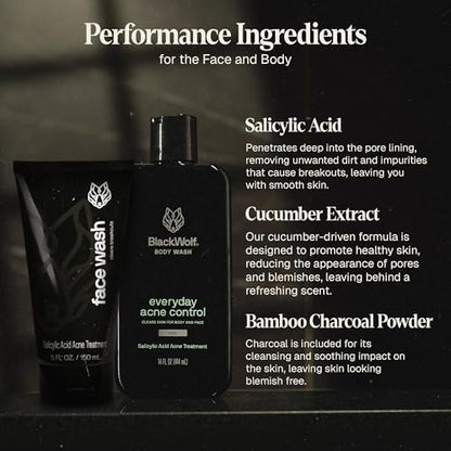 Black Wolf Charcoal Powder Face and Body Wash Bundle for Oily Skin - Deep Clean 2-Pack with Salicylic Acid to Reduce Acne Breakouts - Gift Set for Men Avelisse