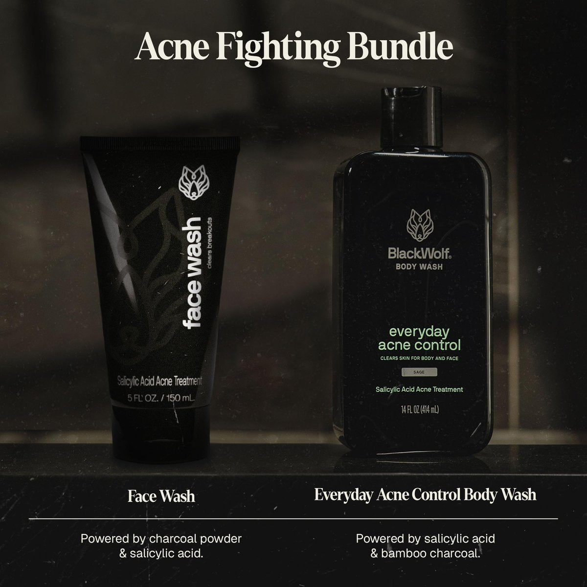 Black Wolf Charcoal Powder Face and Body Wash Bundle for Oily Skin - Deep Clean 2-Pack with Salicylic Acid to Reduce Acne Breakouts - Gift Set for Men Avelisse