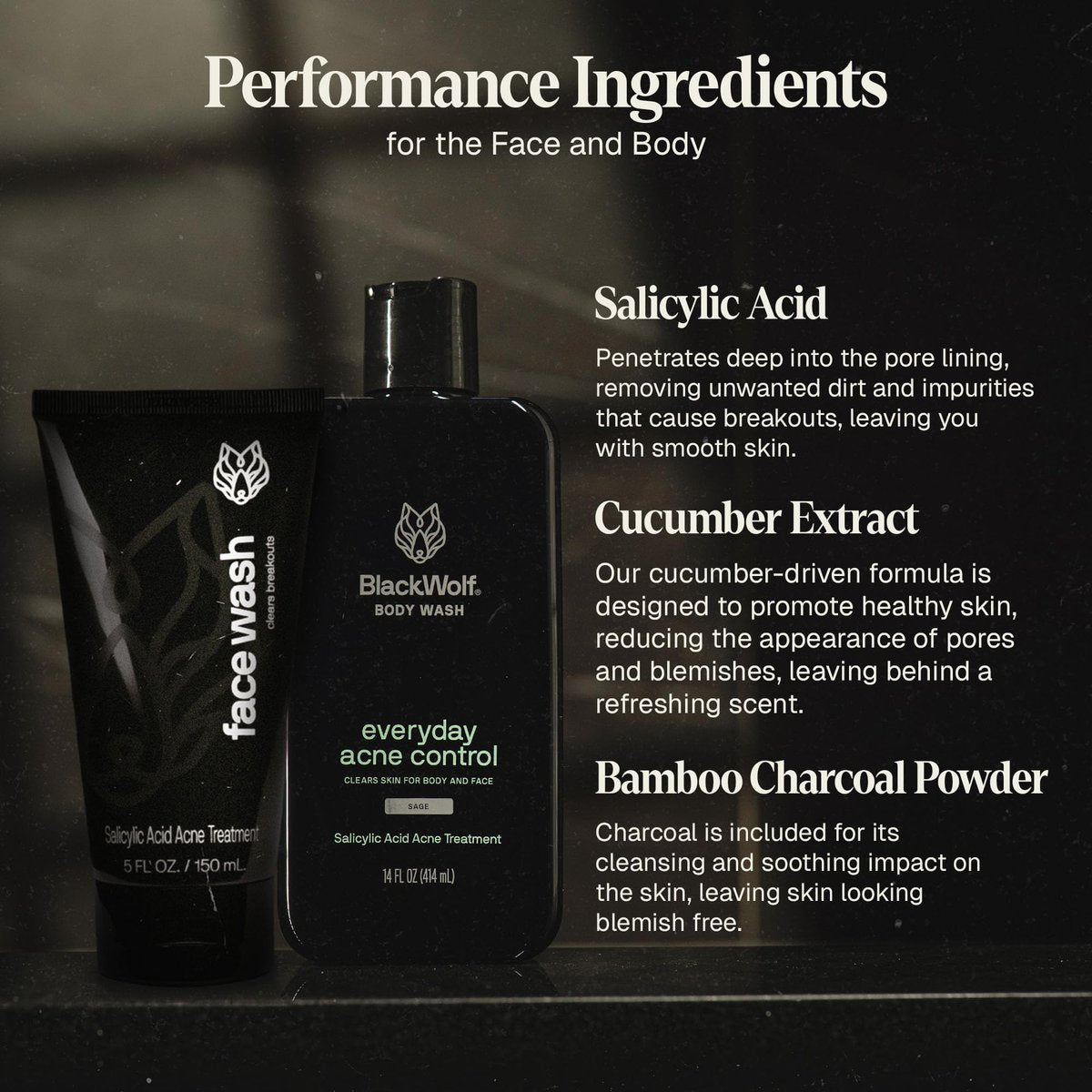 Black Wolf Charcoal Powder Face and Body Wash Bundle for Oily Skin - Deep Clean 2-Pack with Salicylic Acid to Reduce Acne Breakouts - Gift Set for Men Avelisse