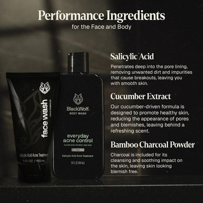 Black Wolf Charcoal Powder Face and Body Wash Bundle for Oily Skin - Deep Clean 2-Pack with Salicylic Acid to Reduce Acne Breakouts - Gift Set for Men Avelisse