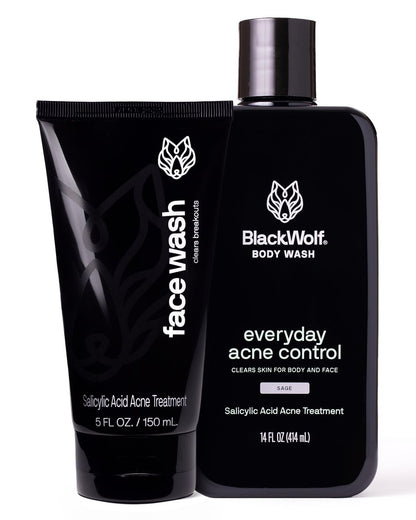 Black Wolf Charcoal Powder Face and Body Wash Bundle for Oily Skin - Deep Clean 2-Pack with Salicylic Acid to Reduce Acne Breakouts - Gift Set for Men Avelisse