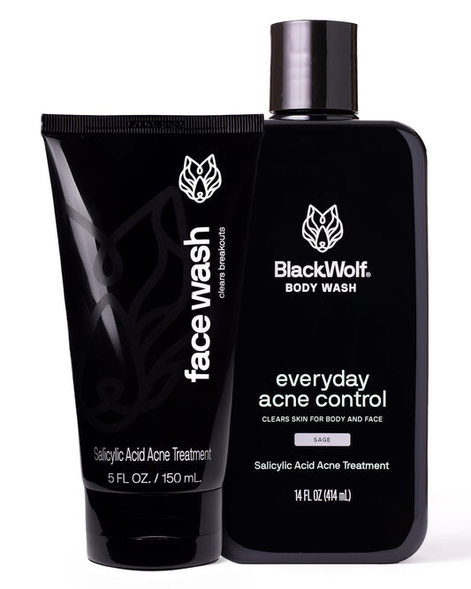 Black Wolf Charcoal Powder Face and Body Wash Bundle for Oily Skin - Deep Clean 2-Pack with Salicylic Acid to Reduce Acne Breakouts - Gift Set for Men Avelisse