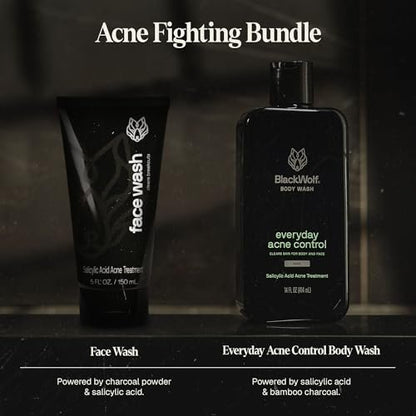 Black Wolf Charcoal Powder Face and Body Wash Bundle for Oily Skin - Deep Clean 2-Pack with Salicylic Acid to Reduce Acne Breakouts - Gift Set for Men Avelisse
