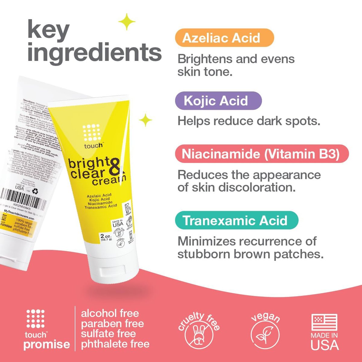 TOUCH Radiance Cream with Niacinamide, Kojic Acid, Tranexamic Acid & Azelaic Acid – Brightening Face Cream for Uneven Skin Tone – 2 oz Avelisse