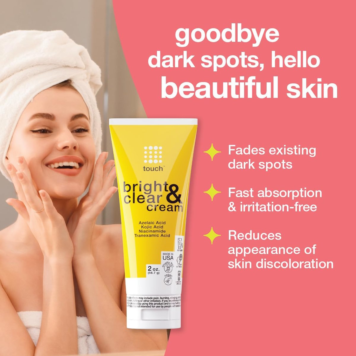 TOUCH Radiance Cream with Niacinamide, Kojic Acid, Tranexamic Acid & Azelaic Acid – Brightening Face Cream for Uneven Skin Tone – 2 oz Avelisse