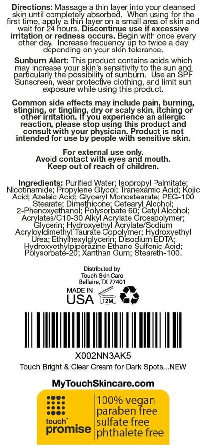 TOUCH Radiance Cream with Niacinamide, Kojic Acid, Tranexamic Acid & Azelaic Acid – Brightening Face Cream for Uneven Skin Tone – 2 oz Avelisse