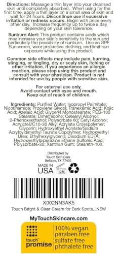 TOUCH Radiance Cream with Niacinamide, Kojic Acid, Tranexamic Acid & Azelaic Acid – Brightening Face Cream for Uneven Skin Tone – 2 oz Avelisse