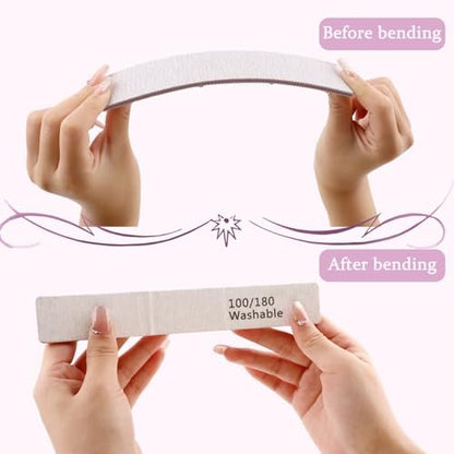 Professional Reusable Nail Files 12-Pack - 100/180 Grit Double-Sided Washable Nail File for Poly Gel, Acrylic Nails - Home Salon Manicure Tools by HeeYaa