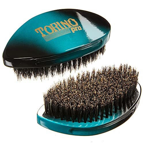 Torino Pro Curve Wave Brush #156 - Medium 100% Boar Bristle Curved 360 Wave Palm Brush for Men - Turquoise Avelisse