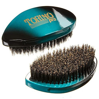 Torino Pro Curve Wave Brush #156 - Medium 100% Boar Bristle Curved 360 Wave Palm Brush for Men - Turquoise Avelisse