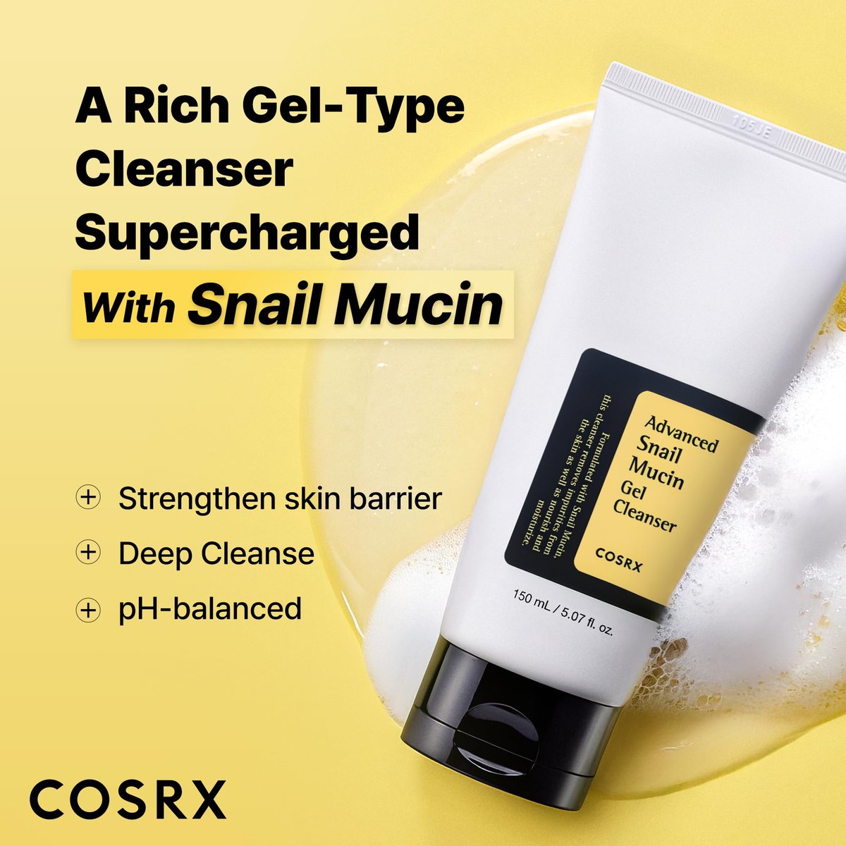 COSRX Advanced Snail Mucin Gel Cleanser - 5.07 Fl Oz (150 mL) - Rich Daily Deep Cleansing Gel for Dry & Sensitive Skin, Korean Skin Care, No Parabens, Not Tested on Animals Avelisse