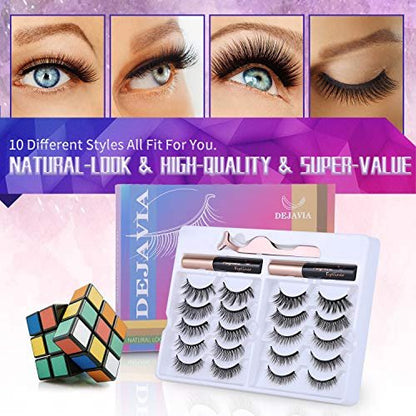 DEJAVIA Magnetic Eyelashes with Eyeliner Kit - 10 Pairs Premium 3D Natural Look Reusable Eyelashes with Tweezers Applicator, Strong Magnetic Eyeliner, No Glue Needed