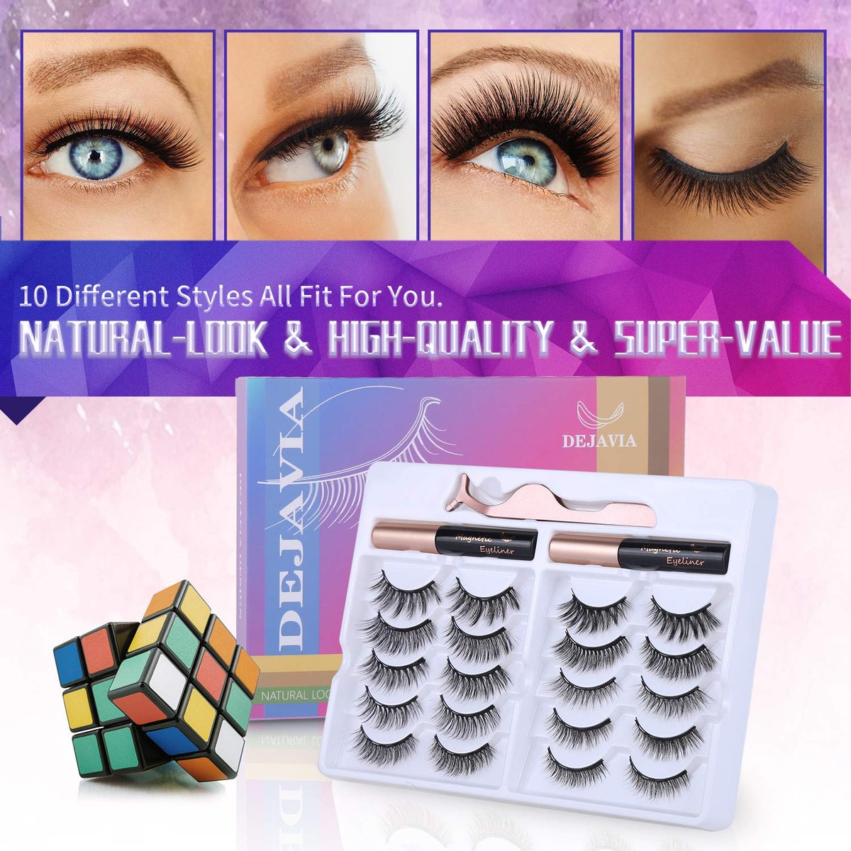 DEJAVIA Magnetic Eyelashes with Eyeliner Kit - 10 Pairs Premium 3D Natural Look Reusable Eyelashes with Tweezers Applicator, Strong Magnetic Eyeliner, No Glue Needed - görsel 3
