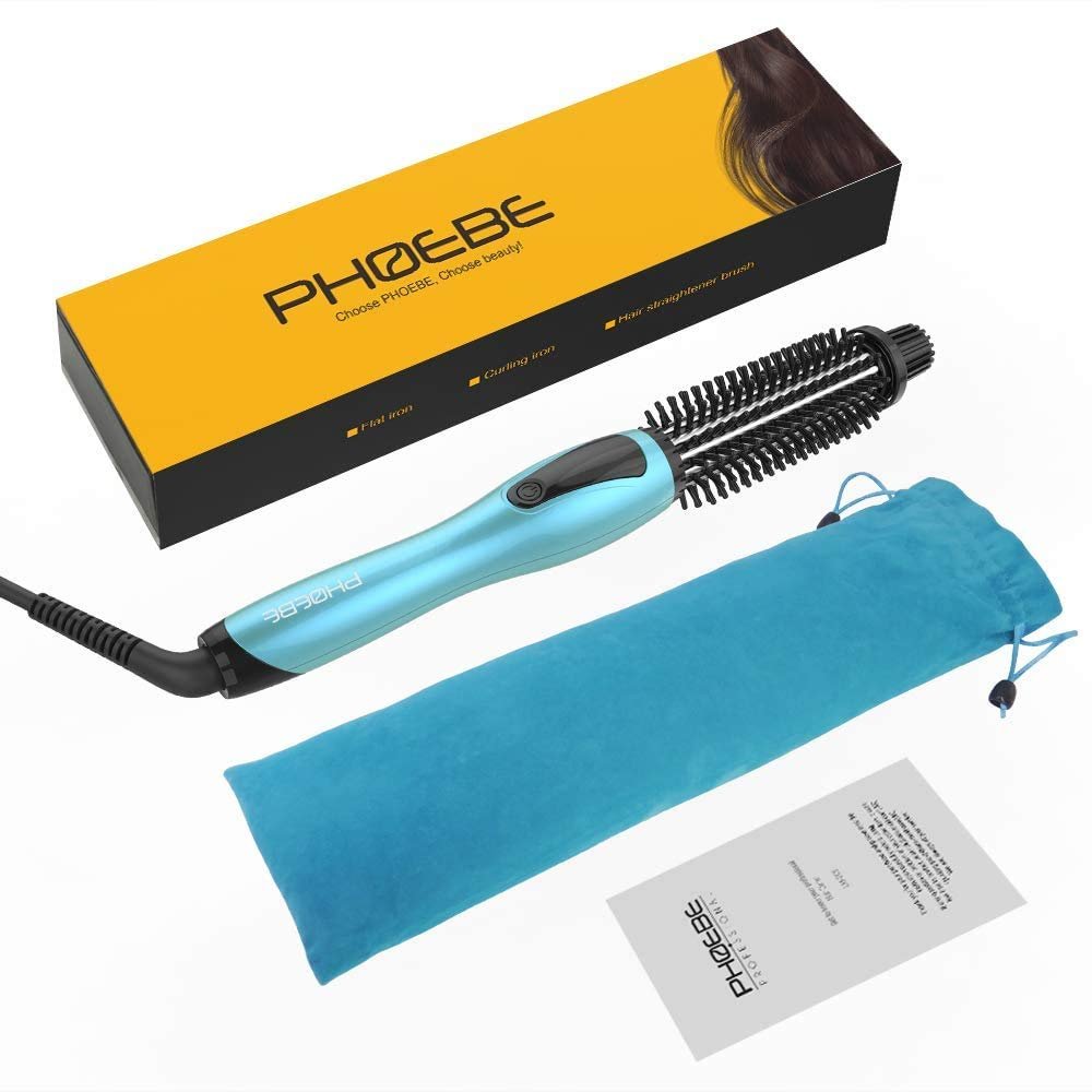 PHOEBE Curling Iron Brush - Anti-Scald Bristles, 1 Inch Ceramic Tourmaline Ionic Hair Curling Wand for All Hair Types (Blue) Avelisse