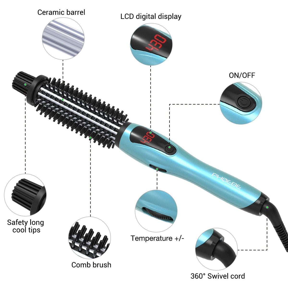 PHOEBE Curling Iron Brush - Anti-Scald Bristles, 1 Inch Ceramic Tourmaline Ionic Hair Curling Wand for All Hair Types (Blue) Avelisse