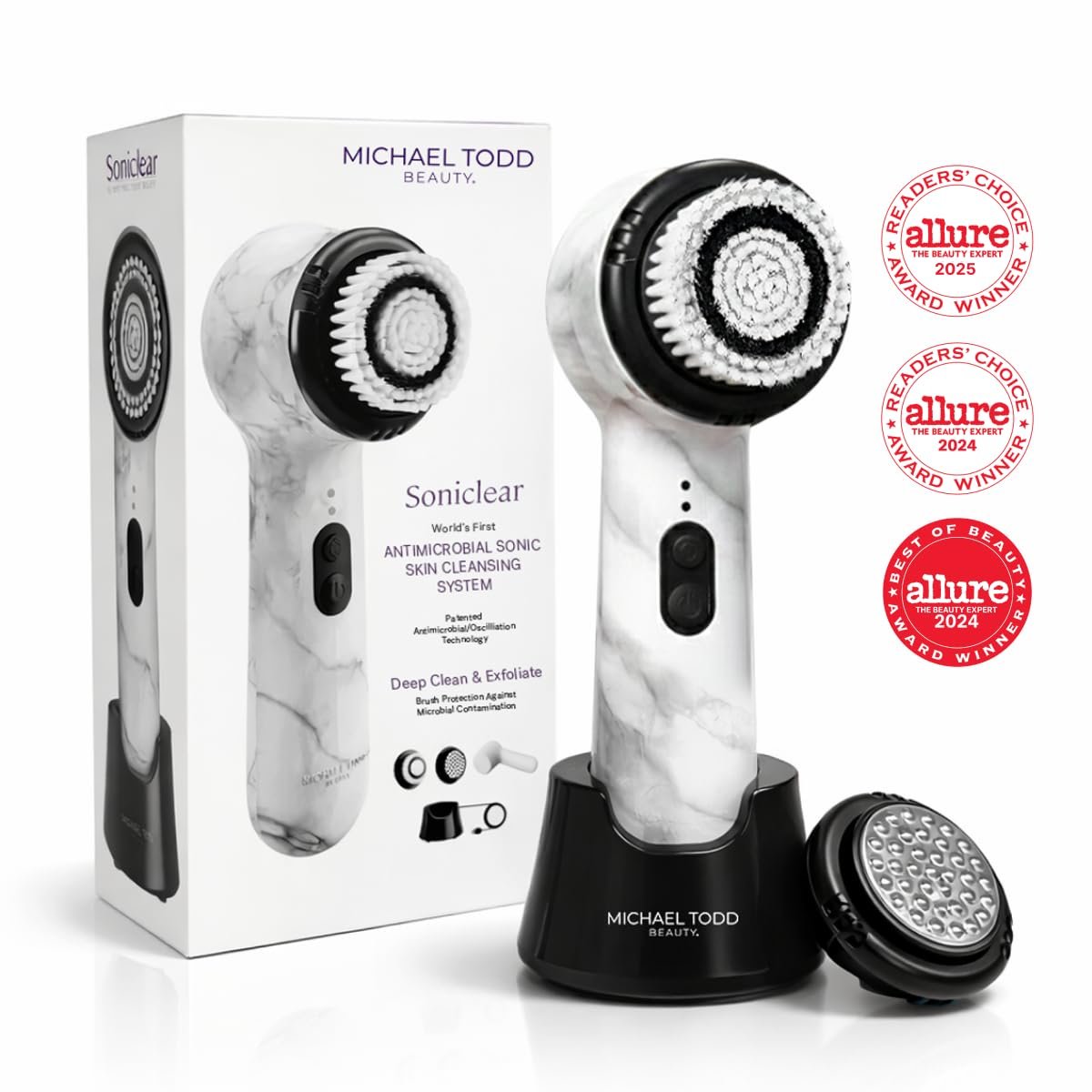 Michael Todd Beauty Soniclear Allure 2024 Best of Beauty Winner Facial Cleansing + Exfoliation Brush System with Antimicrobial Protected Bristles, 4 Speeds, Serum Infusion Head + Travel Case Avelisse