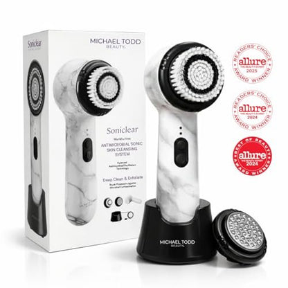 Michael Todd Beauty Soniclear Allure 2024 Best of Beauty Winner Facial Cleansing + Exfoliation Brush System with Antimicrobial Protected Bristles, 4 Speeds, Serum Infusion Head + Travel Case Avelisse