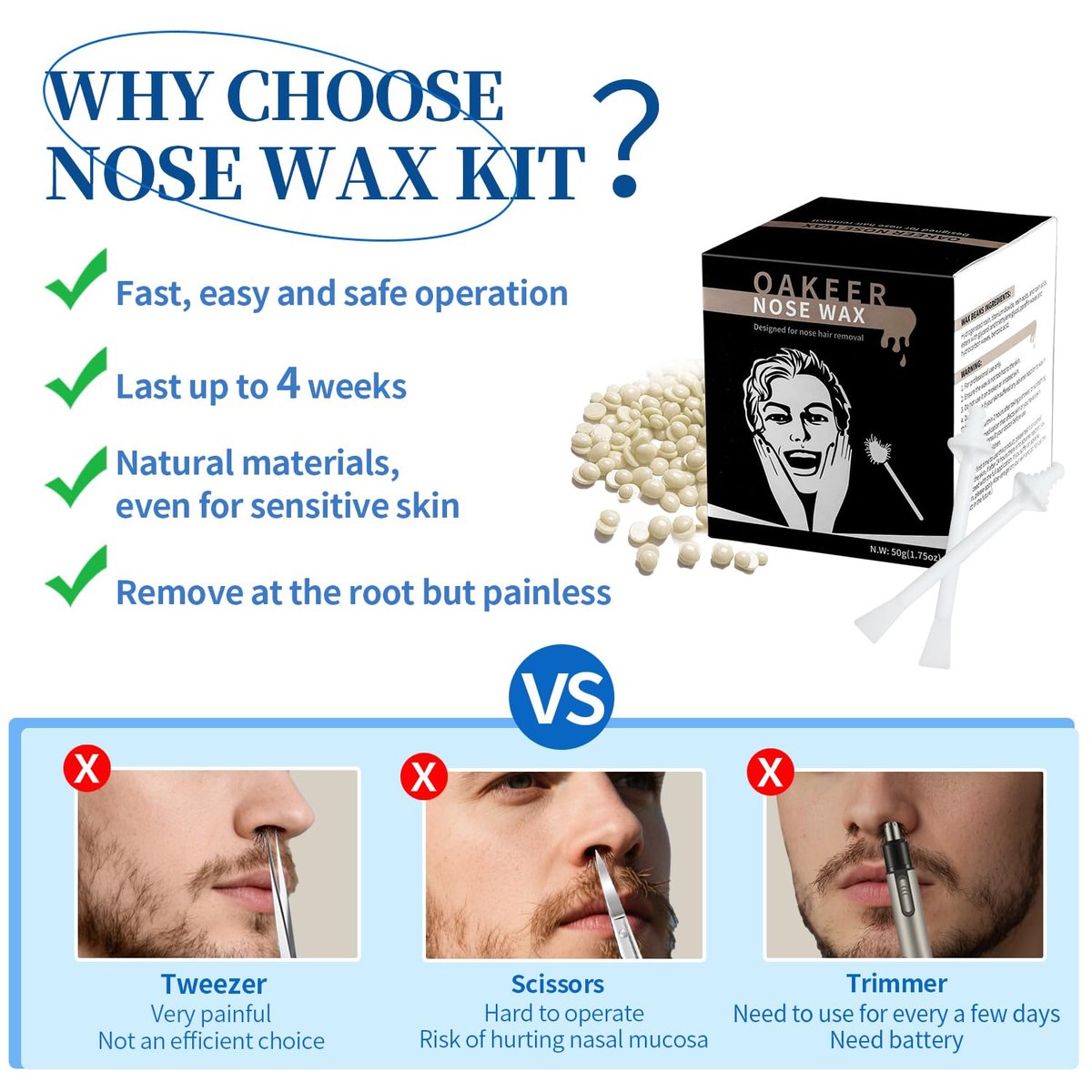 Oakeer Nose Hair Remover Kit – 30 Wax Sticks & 100g Nose Wax for At-Home Hair Removal for Men and Women - görsel 3