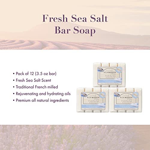 A LA MAISON Fresh Sea Salt Bar Soap - Triple French Milled Natural Moisturizing Hand Soap (12 Bars, 3.5 oz Each) Avelisse
