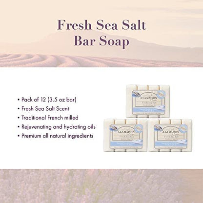 A LA MAISON Fresh Sea Salt Bar Soap - Triple French Milled Natural Moisturizing Hand Soap (12 Bars, 3.5 oz Each) Avelisse