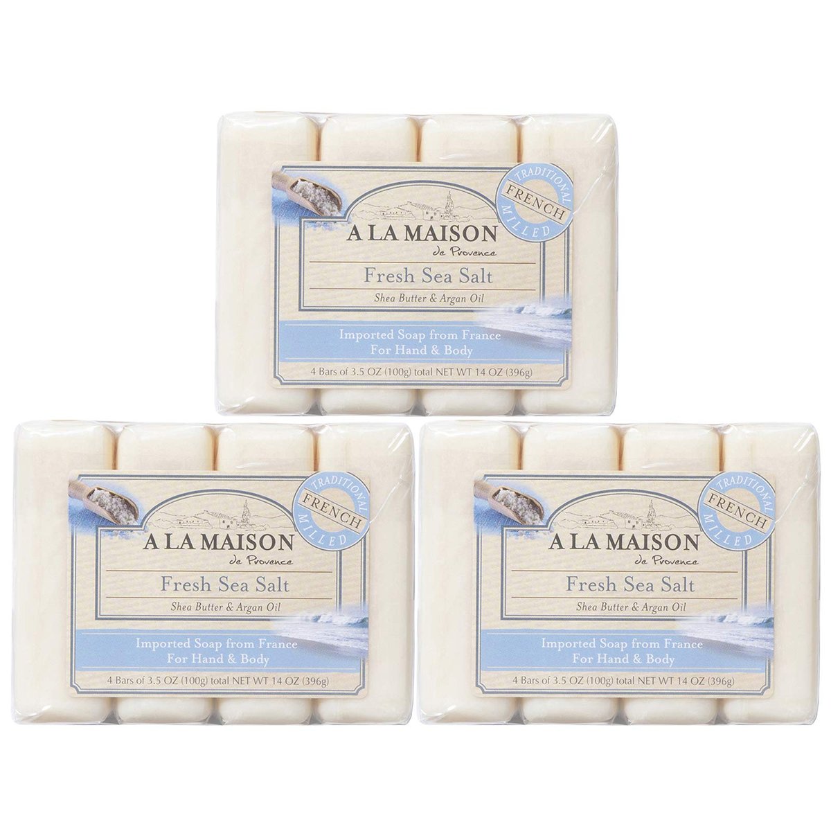 A LA MAISON Fresh Sea Salt Bar Soap - Triple French Milled Natural Moisturizing Hand Soap (12 Bars, 3.5 oz Each) Avelisse