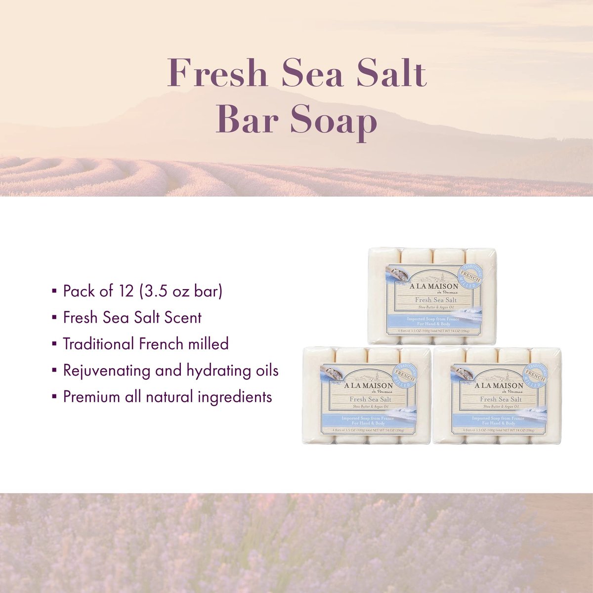 A LA MAISON Fresh Sea Salt Bar Soap - Triple French Milled Natural Moisturizing Hand Soap (12 Bars, 3.5 oz Each) Avelisse
