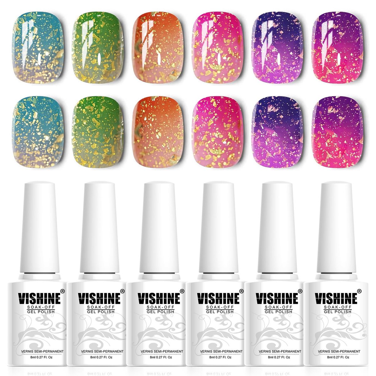 Vishine Color Changing Mood Nail Gel Polish Set - Temperature Reactive UV LED Varnish Chameleon Gel Nail Art 8ml (Set002, 6 Colors) - görsel 1