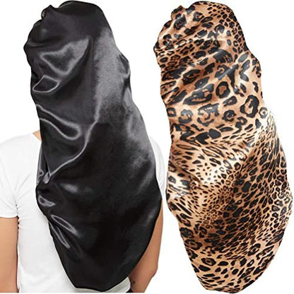 2 Pcs Satin Hair Bonnets for Women – Black Leopard Print, Soft Elastic Band, Large Sleeping Cap for Braids
