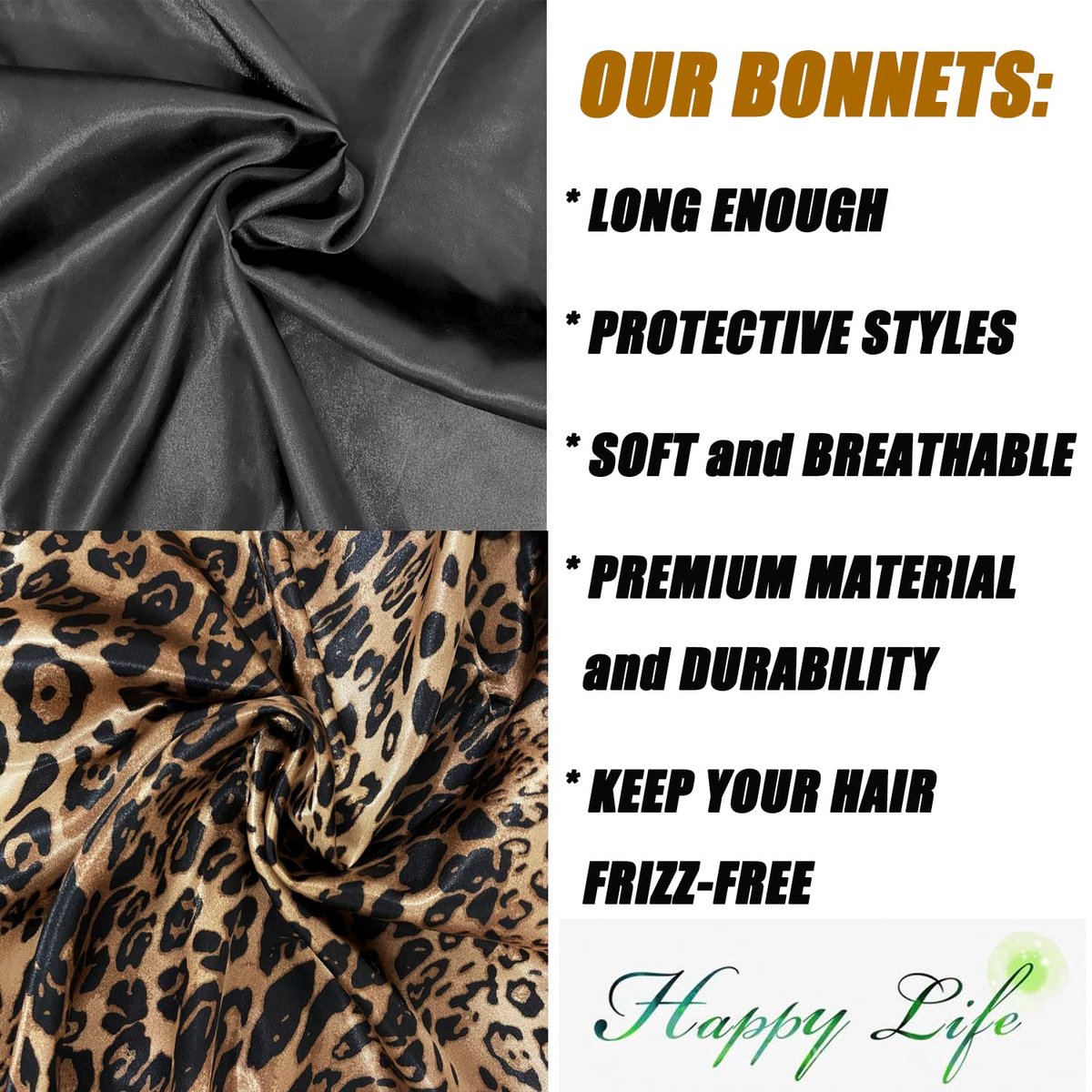 2 Pcs Satin Hair Bonnets for Women – Black Leopard Print, Soft Elastic Band, Large Sleeping Cap for Braids - görsel 9