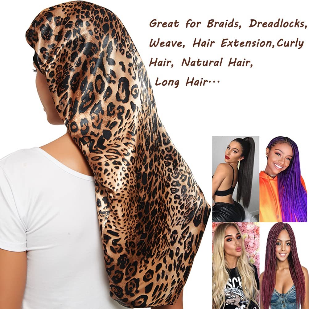2 Pcs Satin Hair Bonnets for Women – Black Leopard Print, Soft Elastic Band, Large Sleeping Cap for Braids - görsel 11