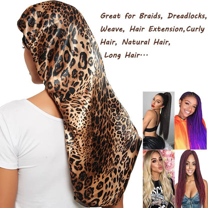 2 Pcs Satin Hair Bonnets for Women – Black Leopard Print, Soft Elastic Band, Large Sleeping Cap for Braids