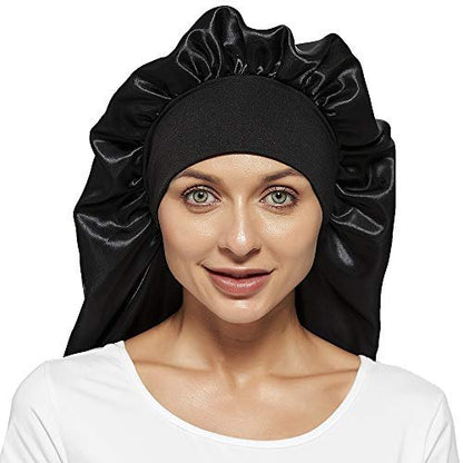 2 Pcs Satin Hair Bonnets for Women – Black Leopard Print, Soft Elastic Band, Large Sleeping Cap for Braids