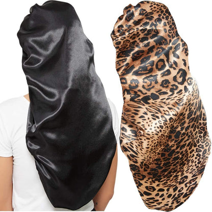 2 Pcs Satin Hair Bonnets for Women – Black Leopard Print, Soft Elastic Band, Large Sleeping Cap for Braids