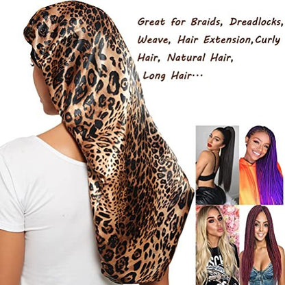 2 Pcs Satin Hair Bonnets for Women – Black Leopard Print, Soft Elastic Band, Large Sleeping Cap for Braids