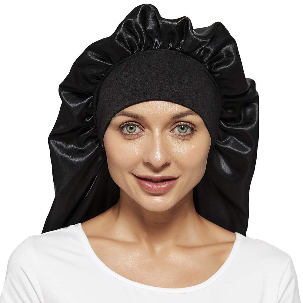 2 Pcs Satin Hair Bonnets for Women – Black Leopard Print, Soft Elastic Band, Large Sleeping Cap for Braids - görsel 5