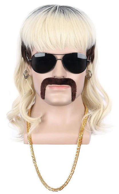 Yuehong Long Black Roots Blonde Men's Wig - Rock Star Style Mullet 70s 80s Costume Wig with Mustache, Earrings, Necklace, Heat Resistant High Temperature Fiber - 9 Piece Set Avelisse