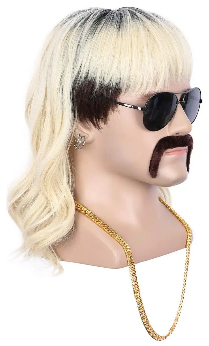 Yuehong Long Black Roots Blonde Men's Wig - Rock Star Style Mullet 70s 80s Costume Wig with Mustache, Earrings, Necklace, Heat Resistant High Temperature Fiber - 9 Piece Set Avelisse