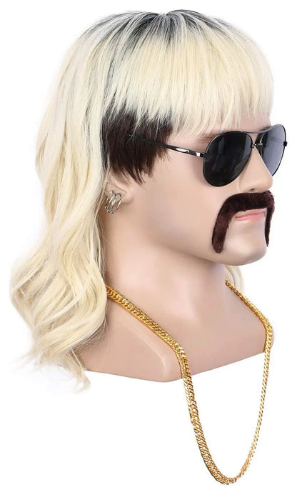 Yuehong Long Black Roots Blonde Men's Wig - Rock Star Style Mullet 70s 80s Costume Wig with Mustache, Earrings, Necklace, Heat Resistant High Temperature Fiber - 9 Piece Set Avelisse