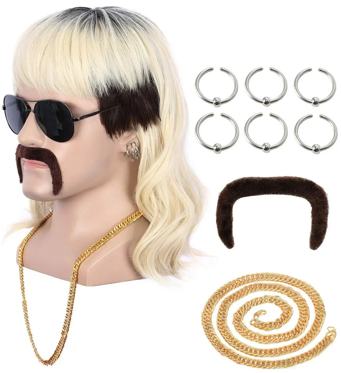 Yuehong Long Black Roots Blonde Men's Wig - Rock Star Style Mullet 70s 80s Costume Wig with Mustache, Earrings, Necklace, Heat Resistant High Temperature Fiber - 9 Piece Set Avelisse