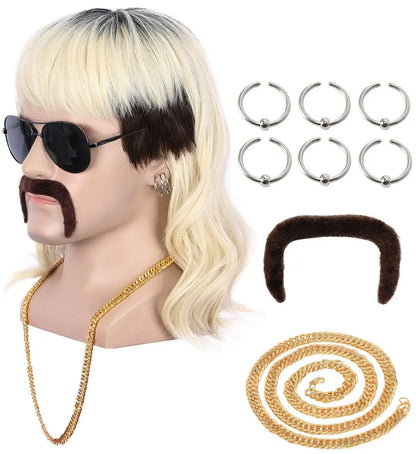 Yuehong Long Black Roots Blonde Men's Wig - Rock Star Style Mullet 70s 80s Costume Wig with Mustache, Earrings, Necklace, Heat Resistant High Temperature Fiber - 9 Piece Set Avelisse