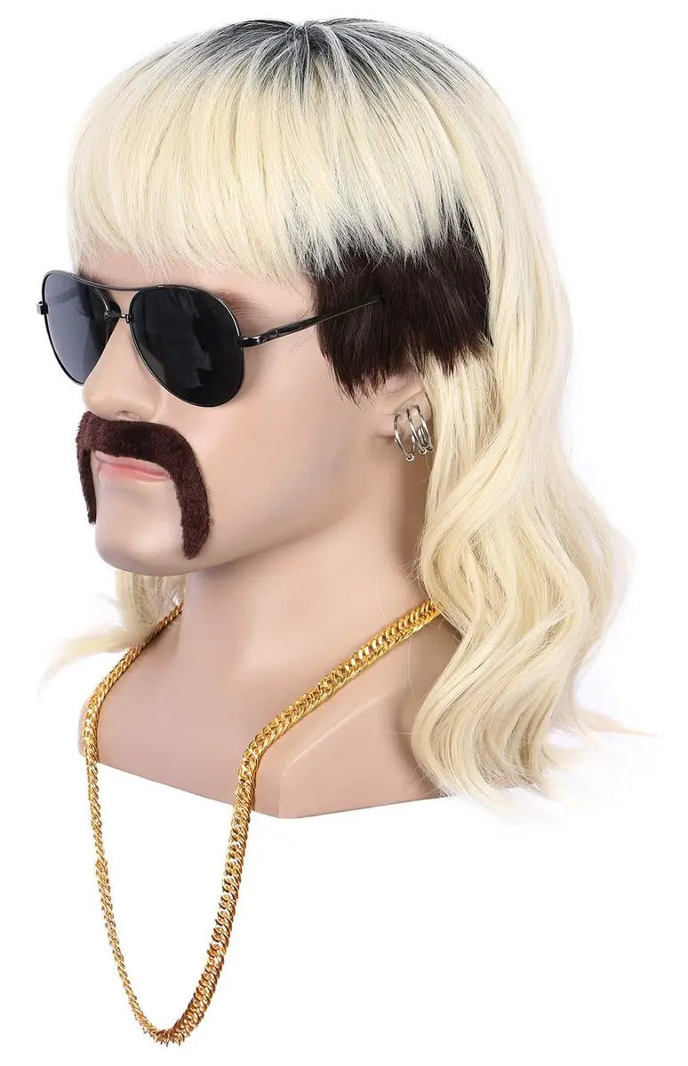 Yuehong Long Black Roots Blonde Men's Wig - Rock Star Style Mullet 70s 80s Costume Wig with Mustache, Earrings, Necklace, Heat Resistant High Temperature Fiber - 9 Piece Set Avelisse
