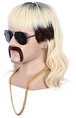 Yuehong Long Black Roots Blonde Men's Wig - Rock Star Style Mullet 70s 80s Costume Wig with Mustache, Earrings, Necklace, Heat Resistant High Temperature Fiber - 9 Piece Set Avelisse