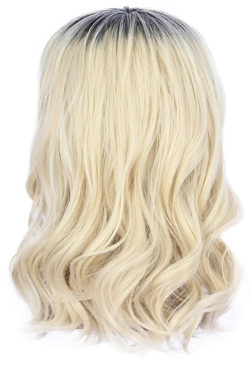 Yuehong Long Black Roots Blonde Men's Wig - Rock Star Style Mullet 70s 80s Costume Wig with Mustache, Earrings, Necklace, Heat Resistant High Temperature Fiber - 9 Piece Set Avelisse