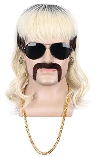 Yuehong Long Black Roots Blonde Men's Wig - Rock Star Style Mullet 70s 80s Costume Wig with Mustache, Earrings, Necklace, Heat Resistant High Temperature Fiber - 9 Piece Set Avelisse