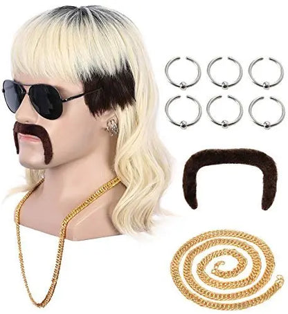 Yuehong Long Black Roots Blonde Men's Wig - Rock Star Style Mullet 70s 80s Costume Wig with Mustache, Earrings, Necklace, Heat Resistant High Temperature Fiber - 9 Piece Set Avelisse