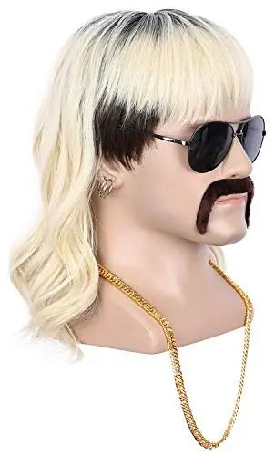 Yuehong Long Black Roots Blonde Men's Wig - Rock Star Style Mullet 70s 80s Costume Wig with Mustache, Earrings, Necklace, Heat Resistant High Temperature Fiber - 9 Piece Set Avelisse