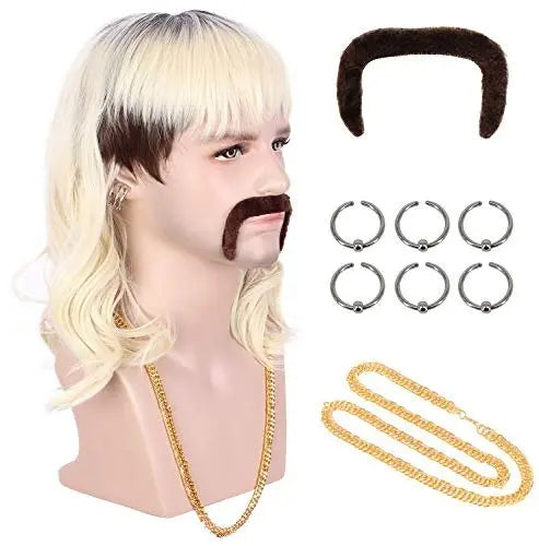 karlery Adult Men 70s 80s Rocker Mullet Long Wave Beige Blonde Dark Root Mustache Wig with 6 Earrings and Golden Necklace Halloween Costume Cosplay Wig Avelisse